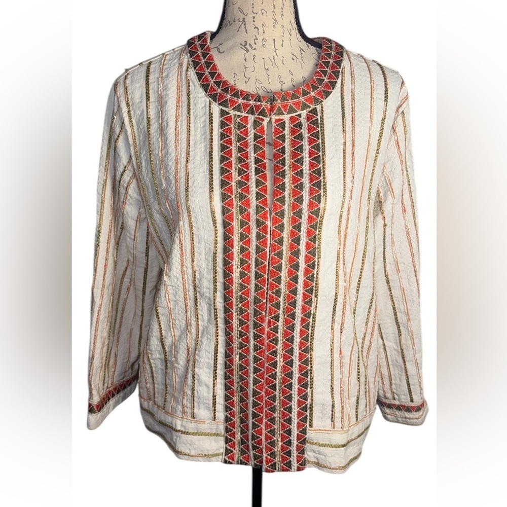 Johnny Was Cream and Red Embroidered Blazer